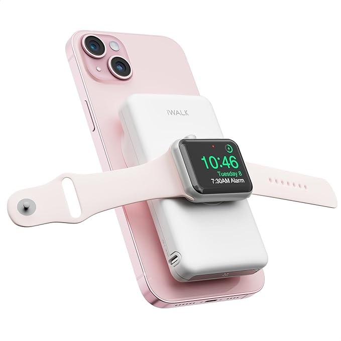 iWALK MAG-X Magnetic Wireless Power Bank with iWatch Charger,10000mAh PD Fast Charging Portable Charger Compact Battery Pack Compatible with iPhone 15/14/13/12 Series,Apple Watch Ultra/8/7/6/5/4
