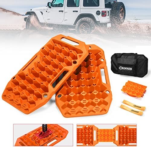 BUNKER INDUST Offroad Traction Boards with Jack Base,Pair Multifunctional Recovery Tracks Tire Traction Mat Snow Mud Sand Ramp-Orange 4X4 ATV UTV Car Traction Pads with Carry Bag