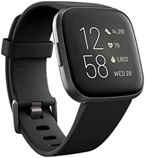 Fitbit Versa 2 Health and Fitness Smartwatch with Heart Rate, Music, Alexa Built-In, Sleep and Swim Tracking, Black/Carbon, One Size (S and L Bands Included)