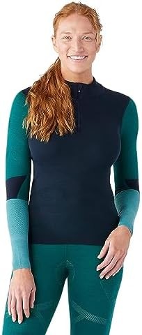 Smartwool 女款 Intraknit 保暖美利奴羊毛打底衣 — 拼色四分之一拉鍊（修身版型），深海軍藍，小碼