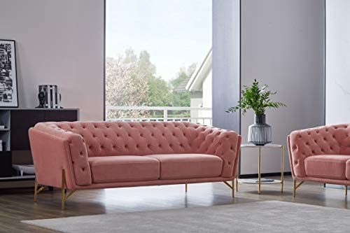 Limari Home Bianka Collection Modern Style Velvet Fabric Upholstered Diamond Tufted Sofa with Contrast Exposed Stitching and Hairpin Gold Legs, Salmon
