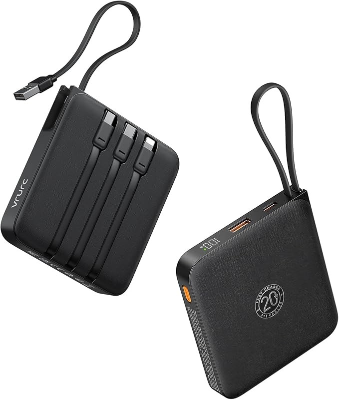 VRURC 20000mAh Power Bank, 22.5W Fast Charging Portable Charger with Built-in Cables, USB C Phone Battery Pack, Travel Essentials, for iPhone iPad Samsung Galaxy S23 Google LG,Android,Tablets,Black