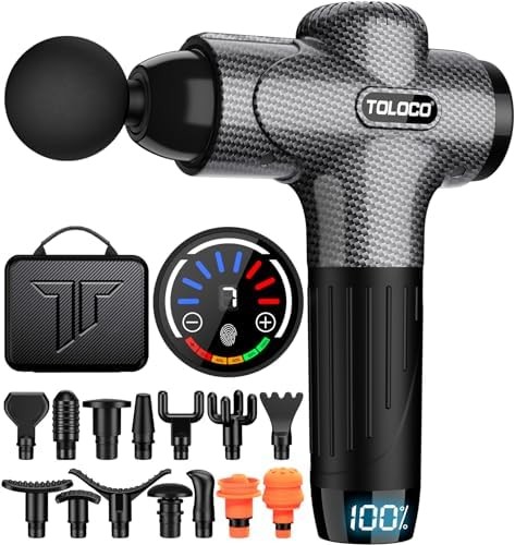 TOLOCO Massage Gun, Upgrade Deep Tissue Back Massager with 15 Replacement Heads, Percussion Massage Guns for Athletes for Pain Relief, Super Quiet Electric Massager for Treatment, Relax, Carbon