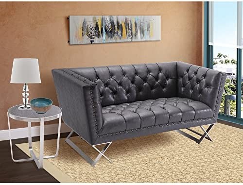 Armen Living Odyssey Loveseat in Brushed Steel Finish with Vintage Black Pu Upholstery and Silver Nail Heads