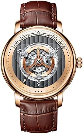 PINDU Automatic Watches for Men, Waterproof Watches for Men Dial Leather Band Skeleton Mechanical Watch 3 Transparent Hour Hand Wave Pattern Sub-dials