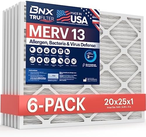 BNX TruFilter 20x25x1 Air Filter MERV 13 (6-Pack) - MADE IN USA - Electrostatic Pleated Air Conditioner HVAC AC Furnace Filters for Allergies, Pollen, Mold, Bacteria, Smoke, Allergen, MPR 1900 FPR 10