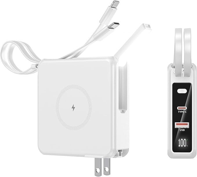 Portable Charger with Built-in Cables&AC Wall Plug, 10000mAh Wireless Charging(No-Magnetic) Power Bank, PD 22.5W Fasting Charging USB C Battery Pack Compatible with iPhone, Android, Samsung