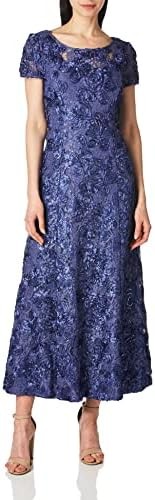 Alex Evenings Women's Long Rosette Lace Cap Sleeve Gown