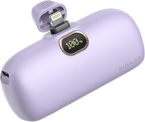 Kuulaa Small Portable Charger iPhone with Built-in Lightning Cable 5000mAh Power Bank Fast Charging for iPhone 14/13/13 Pro/12/12 Pro/11/XR/XS/X/8/7/6, Purple