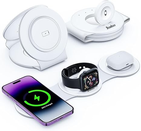Hicober 3 in 1 Wireless Charging Station for iPhone 15, Magnetic Foldable Travel Charger Station Stand 18W for iPhone 15 14 13 12 Pro/Max/Plus/Apple Watch All Series & Airpods