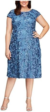 Alex Evenings Women's Plus Size Tea Length Dress with Rosette Detail