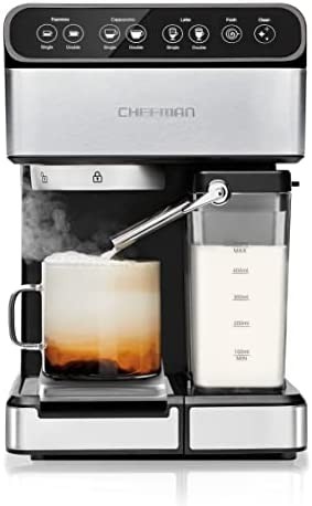 Chefman 6-in-1 Espresso Machine,Powerful 15-Bar Pump,Brew Single or Double Shot, Built-In Milk Froth for Cappuccino & Latte Coffee, XL 1.8 Liter Water Reservoir, Dishwasher-Safe Parts, Stainless Steel