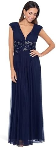Betsy & Adam Long Chiffon Deep V Dress with Applique Navy/Navy/Gold 12