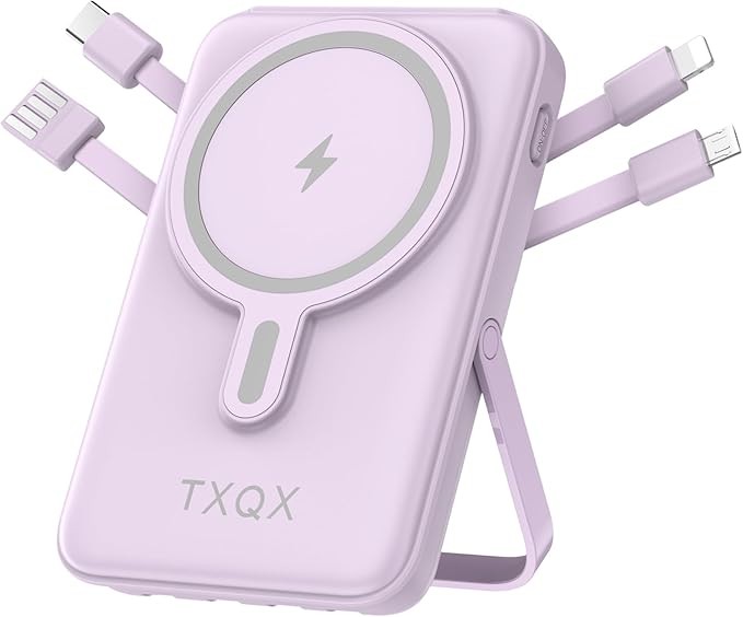 Wireless Portable Charger 10000mAh, Magnetic Power Bank with Built-in Cables LED Display,Mag-Safe Battery Pack with Stand 22.5W PD Fast Charging for iPhone 15/14/13/12/Pro/Mini/Pro Max (Purple)