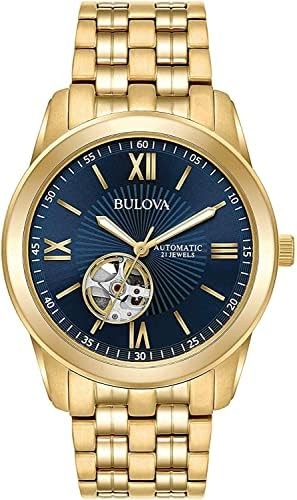 Bulova Men's Classic 3 Hand Automatic Gold Stainless Steel Watch, Blue Dial (Model:97A131)