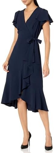 Tommy Hilfiger Women's V-Neckline Midi Length Short Flutter Sleeve Dress