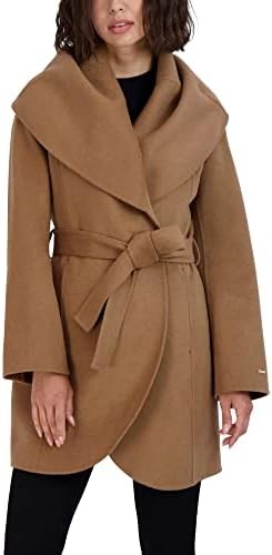 TAHARI Women's Marilyn Lightweight Double Face Wool Wrap Coat With Oversized Collar