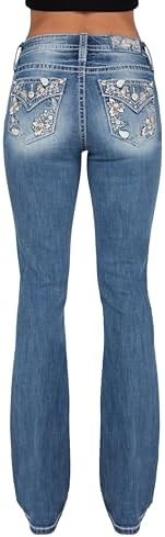 Miss Me Women's Mid Rise Spring Flowers Bootcut Jeans with Faux Flap Pockets