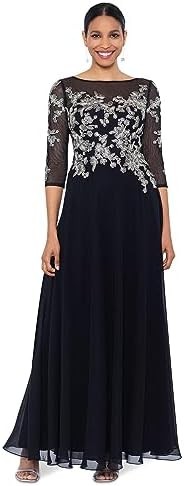 Betsy & Adam Long Long Sleeve Chiffon Dress with Flower Applique