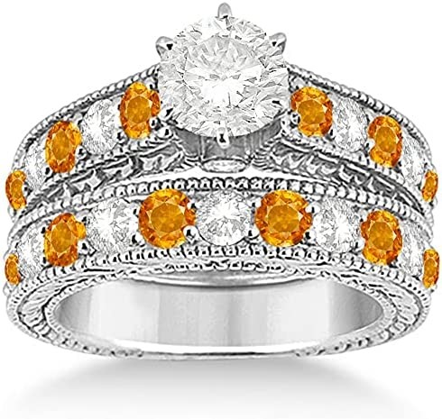 Antique Diamond and Citrine Bridal Gemstone Wedding Ring Set Hypoallergenic Palladium (3.12ct)
