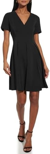 Tommy Hilfiger Women's Salon Stretch Crepe Fabric Pleated Skirt V-Neckline Dress