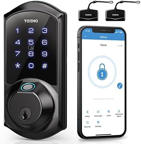 TEEHO TE007 Smart Lock - Fingerprint Deadbolt - 6-in-1 Keyless Entry Door Locks with Keypads - Bluetooth App Remote Control - Easy Installation - IP54 Waterproof - Auto Lock - Matte Black