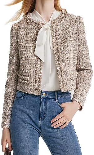 GOELIA Tweed Cropped Blazer Jacket for Women 2023 Open Front Long Sleeve Slim Fit Business Casual Blazer