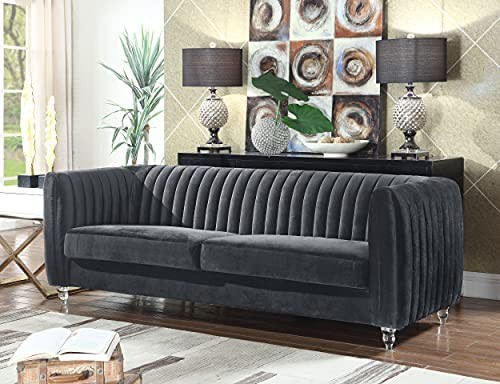 Iconic Home Kent Elegant Velvet Modern Contemporary Plush Cushion Seat Round Acrylic Feet Sofa, Grey