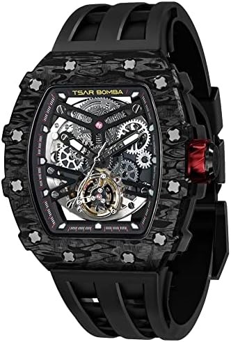 TSAR BOMBA Watch for Men, Automatic Skeleton Mechanical Mens Watch, 50M Waterproof Luxury Tonneau Square Big Face Dial Watch with Silicone/Fluoroelastomer Watch Bands, Gifts for Men