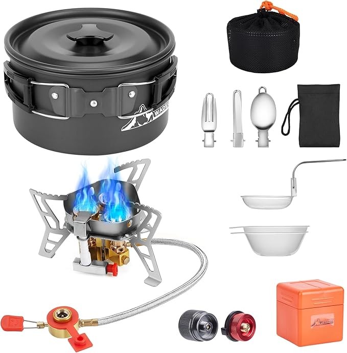 WADEO 6800W Windproof Camping Stove with Camping Pot, Camping Cookware Kit with Camping Gas Stove, Fuel Canister Adapters, Knife, Spoon, Fork, Bowl and Soup Spoon for Outdoor Backpacking Hiking Picnic