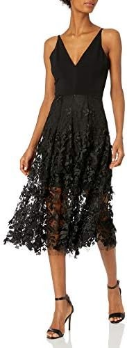 Dress the Population Women's Darleen Sleeveless Plunging Neckline Fit and Flare Midi Dress