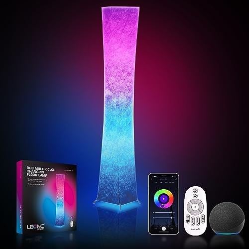 Soft Light Floor Lamp, 52" LEONC Twist RGB Color Changing Tyvek Fabric Shade Dimmable Remote Control and 2 Smart LED Bulbs for Livingroom…