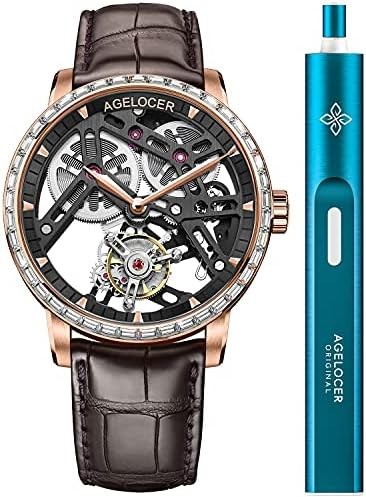 AGELOCER Mens Watch Tourbillon Double-Sided Hollow Self Winding Mechanical Leather Luxury Watches for Men