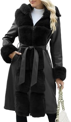Bellivera Women's Wool Pea Coat Faux Fur Jacket Winter Warm Parka Overcoat with Belt