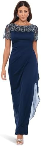Xscape Long Sheer Matte Jersey Beaded Yoke Rouch Navy 16