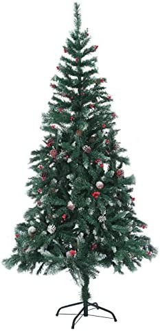 Soloven 6/7FT Premium Artificial Christmas Tree Snow Flocked Pine Xmas Tree Dector with 700 PE PVC Branch Tips Holiday Decoration Tree for Home Office Party,Pine Cones,Red Berries (7FT)