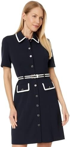 Tommy Hilfiger Women's Removable Belt Point Collar Logo Enamel Buttons Dress