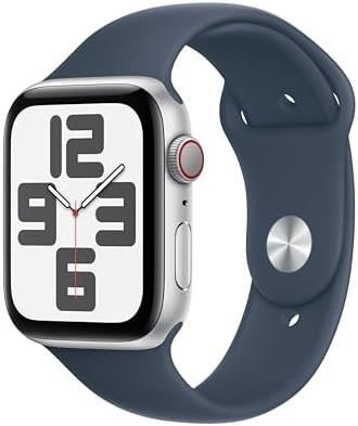 Apple Watch SE (2nd Gen) [GPS + Cellular 44mm] Smartwatch with Silver Aluminum Case with Storm Blue Sport Band Sport Band M/L. Fitness & Sleep Tracker, Crash Detection, Heart Rate Monitor