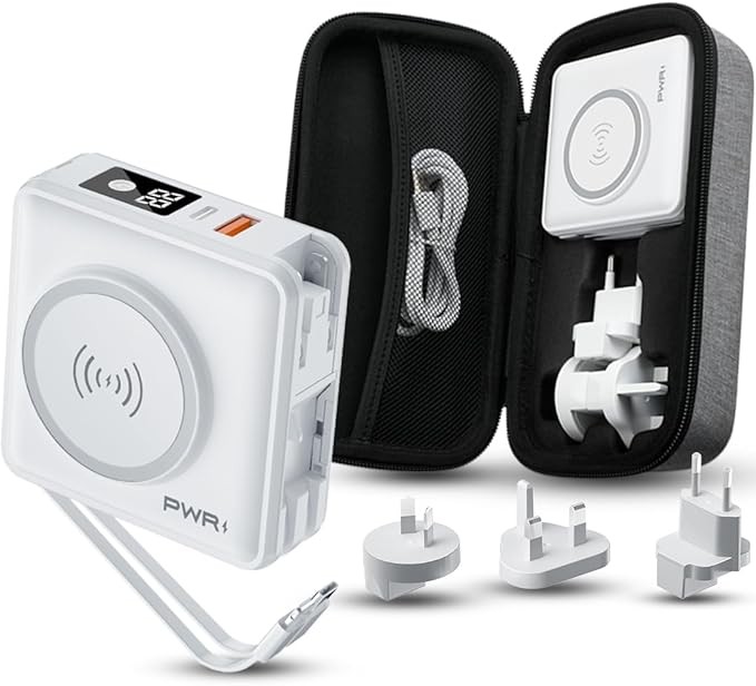 PWR Travel PRO 5-in-1 Power Bank – 20W USB C Power Bank with Case Included – 15W Fast Charging Wireless Portable Charger – Travel Power Bank with 10,000mAh Battery – Compatible with Lightning, USB-C