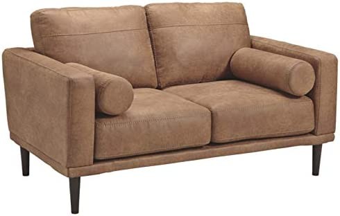 Signature Design by Ashley Arroyo Mid Century Modern Faux Leather Loveseat, Caramel Brown