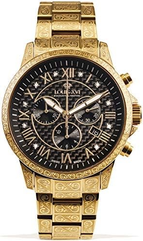 Louis XVI Men's Palais Royale Stainless Steel Strap Gold with Black Real Carbon Dial Real Diamonds Roman Numerals Chronograph Analog Quartz 1018