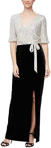 Alex Evenings Long Surplice Column Dress with Tie Waist Detail and Front Slit