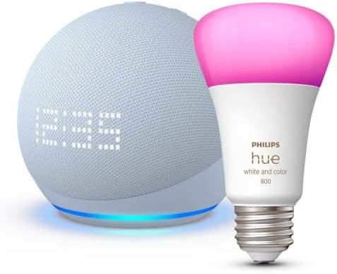 Echo Dot (5th Gen) with Clock | Cloud Blue with Philips Hue Smart Color Bulb