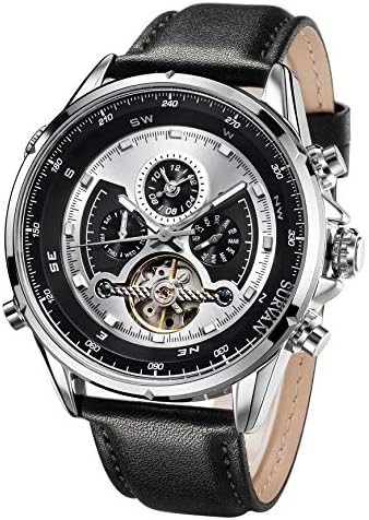 SURVAN WatchDesigner Men's Automatic Watch Dual Time Zone Mechanical Skeleton Watch Genuine Leather Strap