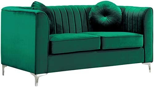 Meridian Furniture Isabelle Collection Modern | Contemporary Channel Tufted, Velvet Upholstered Loveseat with Custom Chrome Legs, Green, 62" W x 35.5" D x 31" H