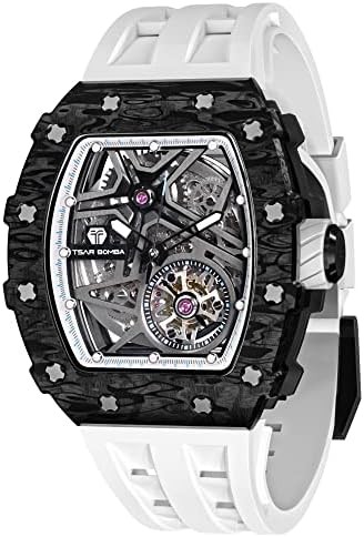 TSAR BOMBA Automatic Watches for Men,50M Waterproof Men's Watch,Luxury Mechanical Skeleton Analog Watch,Silicone Watch Bands Black Watch,Gifts for Men Business Casual