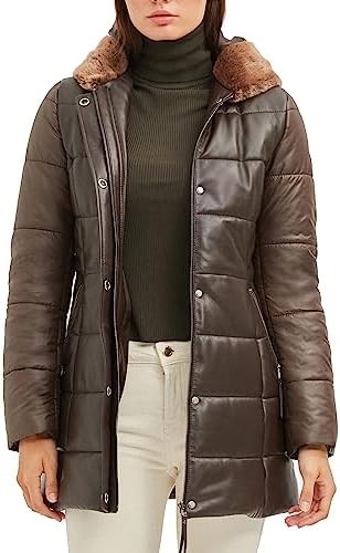 Women’s Shearling Hooded Puffer Coat – Lightweight Real Lambskin Leather Trench Coat
