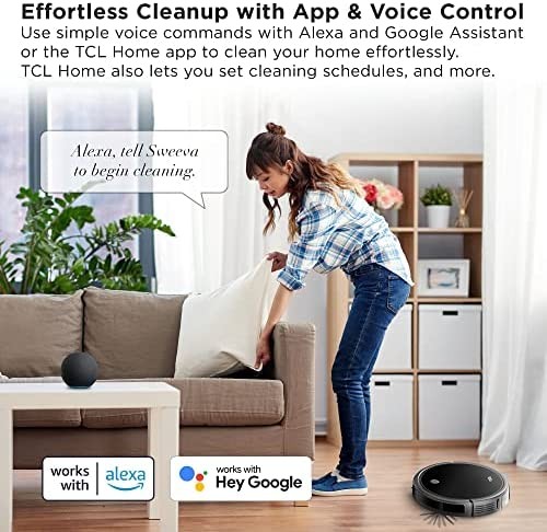 TCL Sweeva 1000 Robot Vacuum Cleaner Ultra Slim 2.76inch, Strong Suction 1500Pa, 120mins Runtime, Washable HEPA Filter, Good for Pet Hair, Hard Floor & Carpets