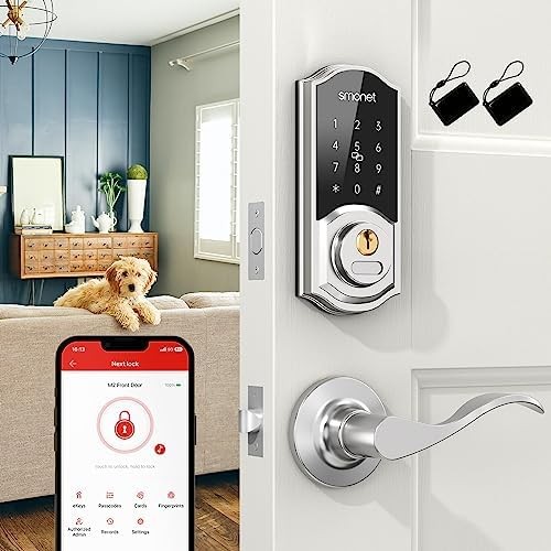 Smart Lock for Front Door with Handle Set,Keypad Entry Door Lock Set with Auto Lock, Digital Bluetooth Electronic Deadbolt with Codes,App,Fob for Apartment Office,Silver