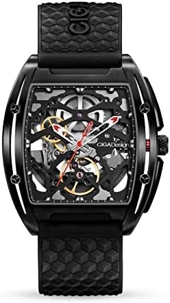 CIGADesign Z Series Automatic Mechanical Watch, Luxury Skeleton Wristwatch Tonneau with Leather and Silicone Strap Stainless Steel Business Dress Waterproof Timepiece Gifts for Men and Women